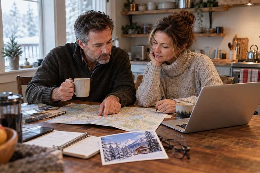 Planning a snowy mountain getaway with a view of snow-covered peaks