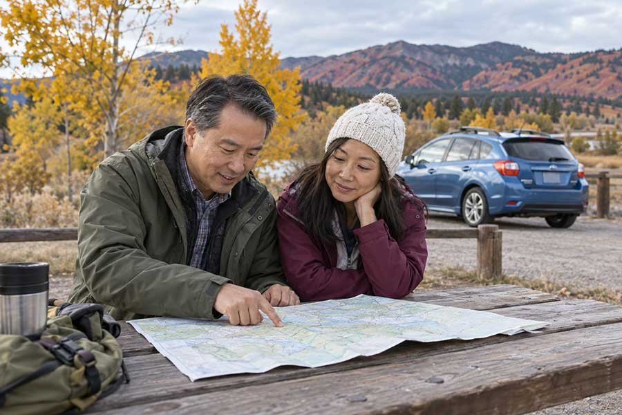 Traveler planning an autumn road trip with a paper map, a phone, and coffee on a car hood
