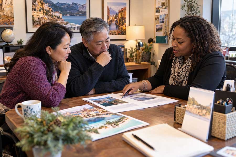 Two travelers planning holiday travel together and deciding whether to book now or wait