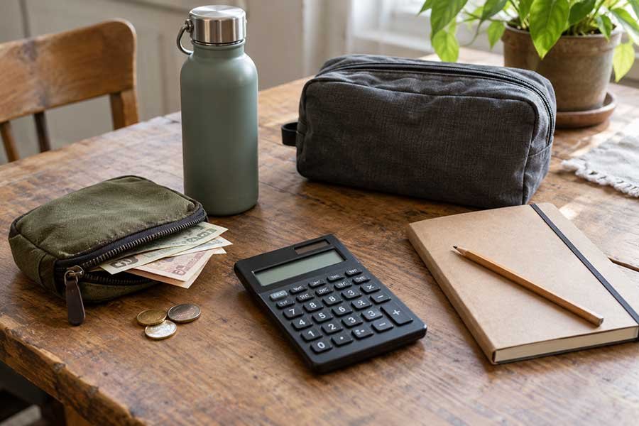 Practical travel budget still life with a notebook, passport, coins, and a small calculator