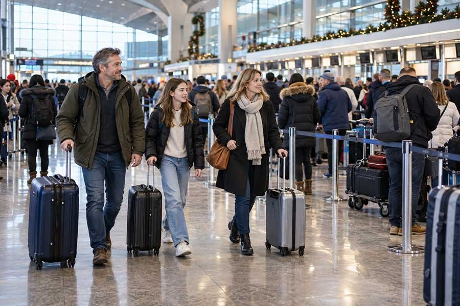Prepared family walking through a busy airport during the holiday rush
