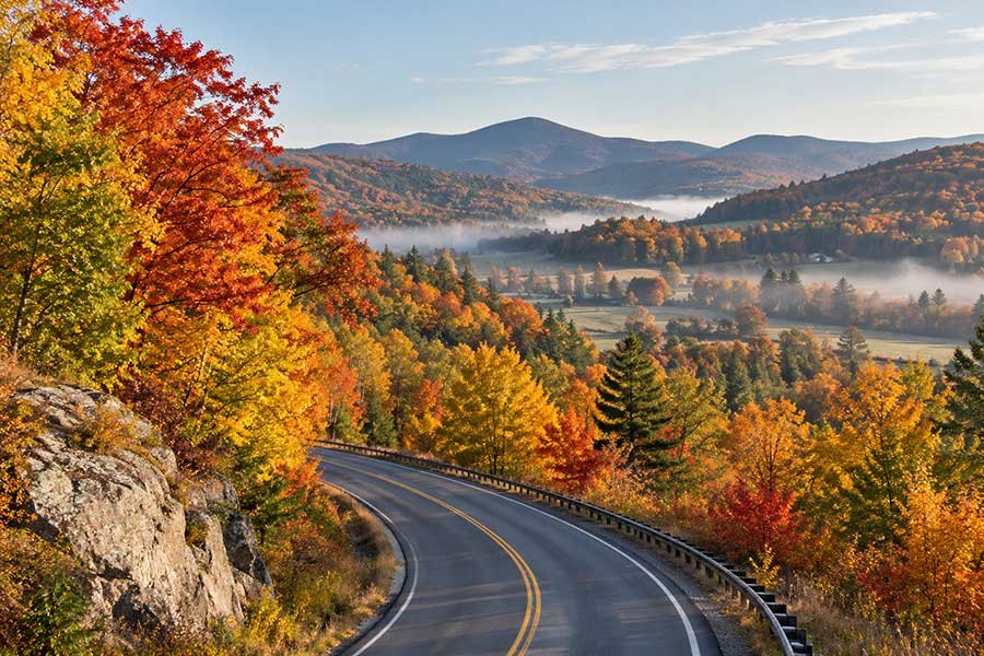 Quiet country road winding through New England fall foliage in orange and red