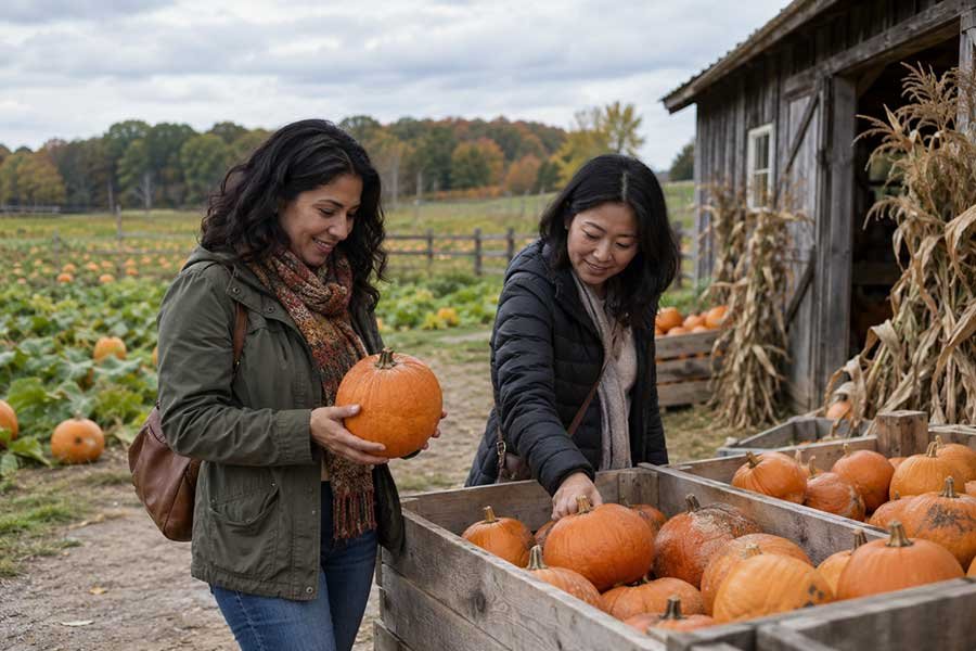Quiet autumn pumpkin farm with rows of orange pumpkins and golden leaves on a peaceful getaway