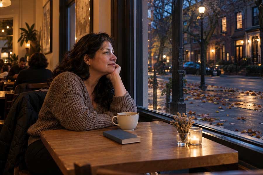 Travelers making quiet plans in a warm cafe after sunset in late autumn