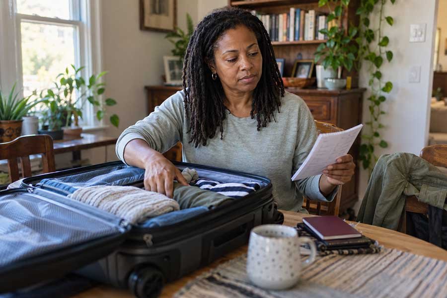 Traveler quietly preparing for a first solo trip with a passport, map, and small suitcase at home