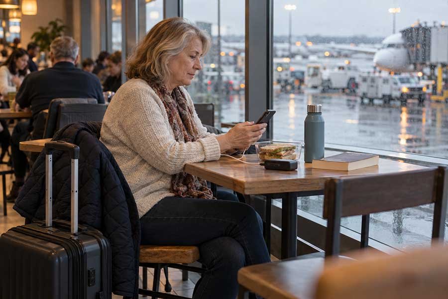 Traveler staying connected on a phone during a rainy airport flight delay