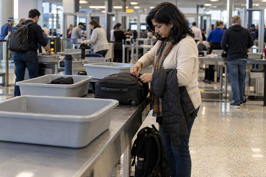 Traveler repacking a carry-on bag at a bench after passing through airport security
