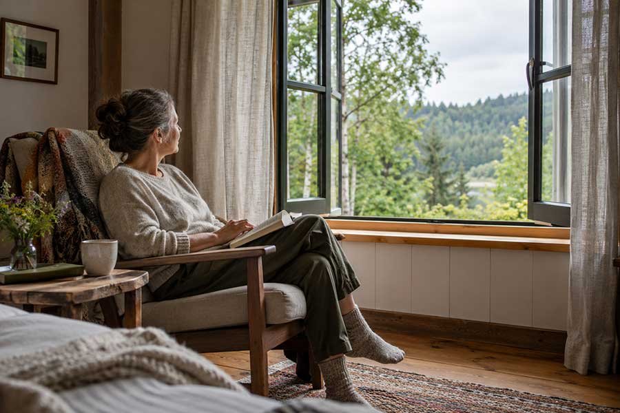 Traveler reading a book by a sunny window during a restful weekend getaway