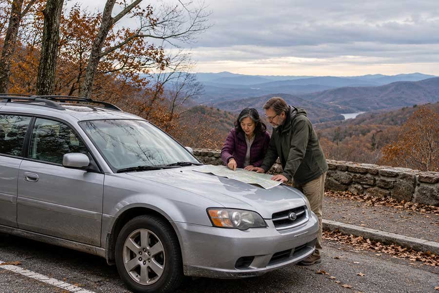 Road map spread on a car hood at an autumn overlook while planning a Thanksgiving getaway
