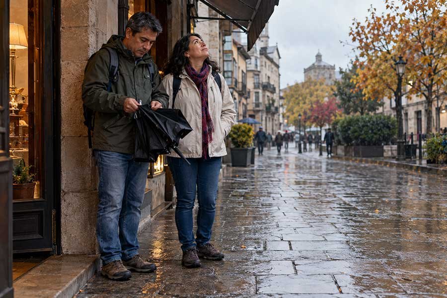 Travelers sheltering under cover from a chilly fall rain with wet autumn leaves nearby