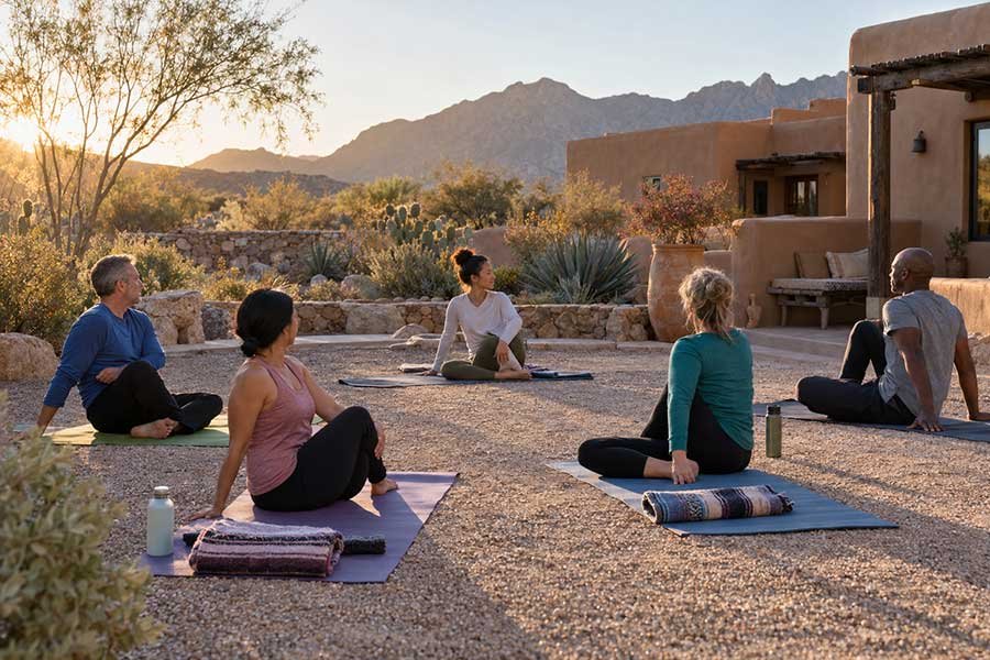 Traveler doing sunrise yoga at a desert retreat during a quiet holiday getaway