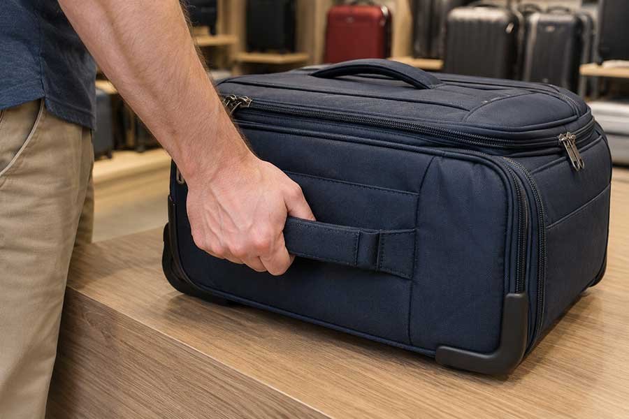 Traveler testing a padded suitcase handle in a store to see how comfortable it feels in the hand