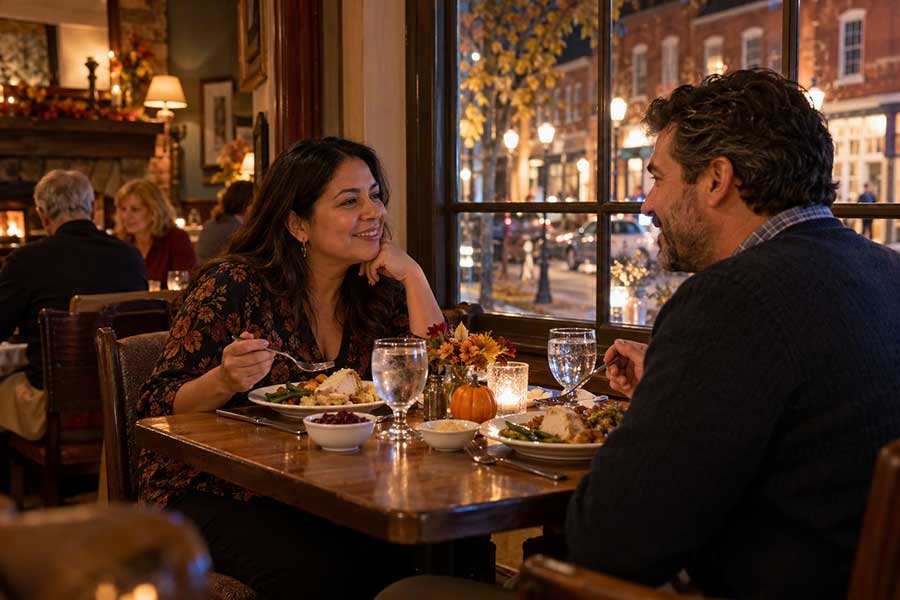 Thanksgiving dinner served at a candlelit historic inn during a holiday getaway