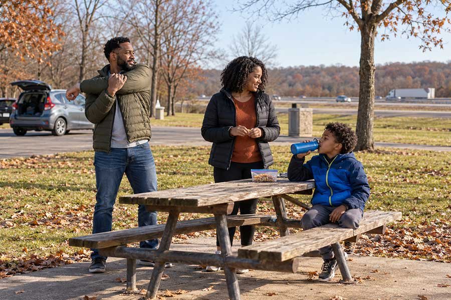 Family taking a stretch break at a roadside stop during a Thanksgiving road trip