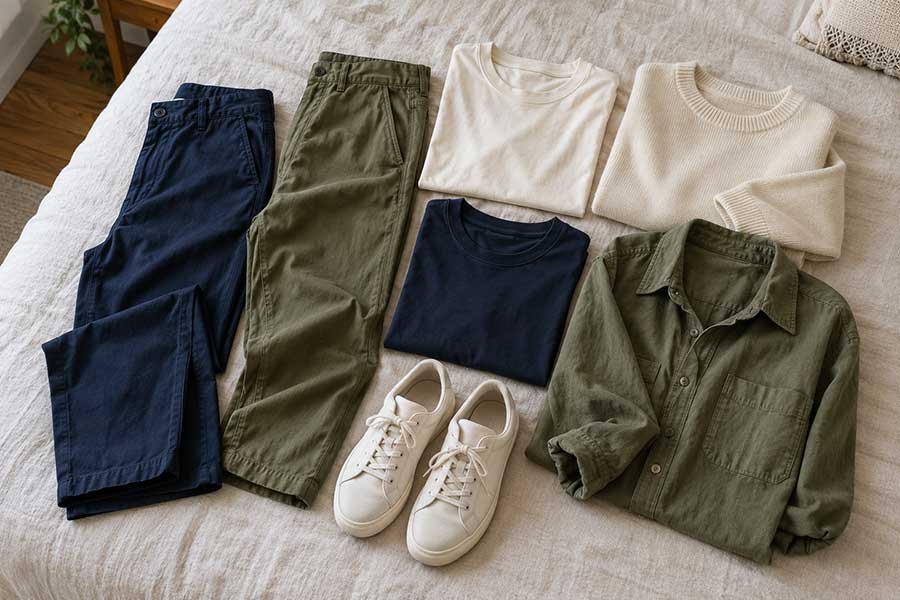 Three-color travel capsule wardrobe in navy, cream, and olive laid out neatly on a bed