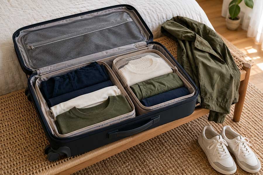 Three-color travel wardrobe neatly packed in a small suitcase with packing cubes