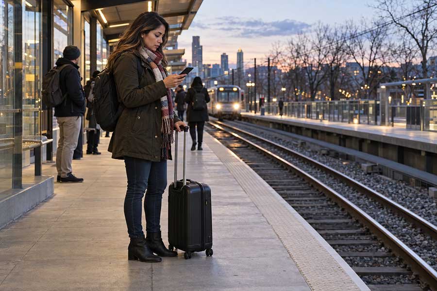 Traveler planning holiday travel on a train platform in the evening