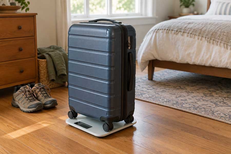 Traveler weighing a packed carry-on suitcase at home with a luggage scale before a trip