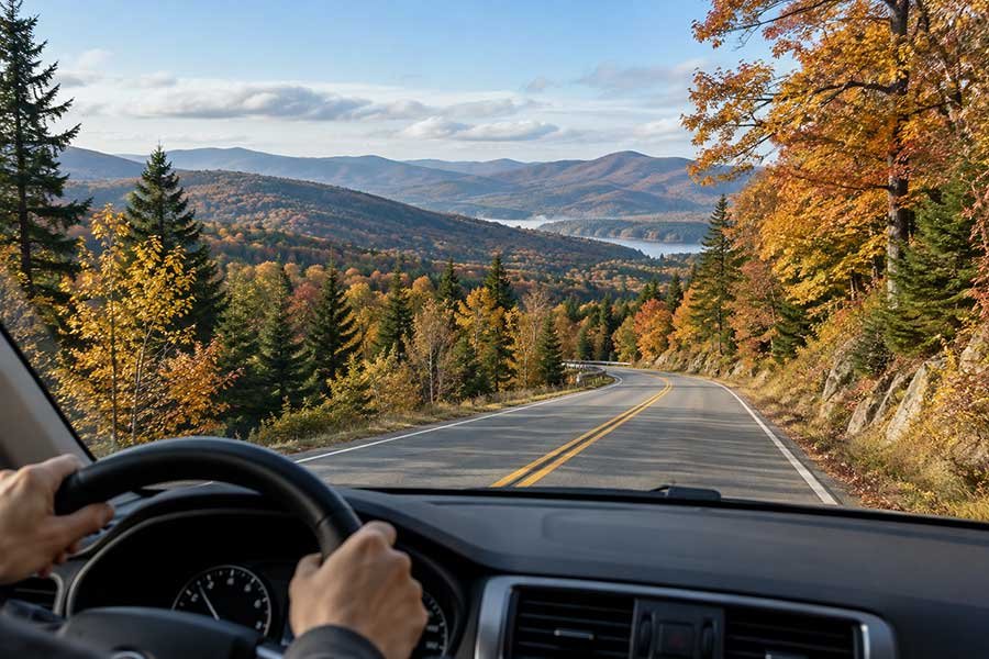 Winding road curving through trees with changing autumn leaves on a fall road trip