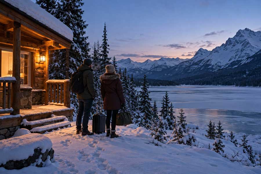 Arriving at a cozy lakeside cabin on a snowy winter evening